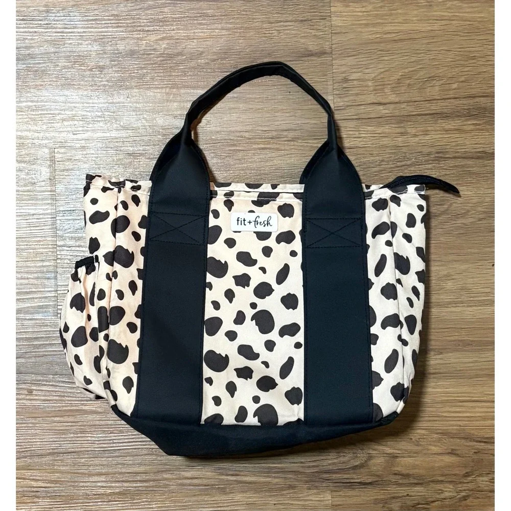 Fit + Fresh Insulated Lunch Tote Bag Leopard Print Black White Zippered Travel